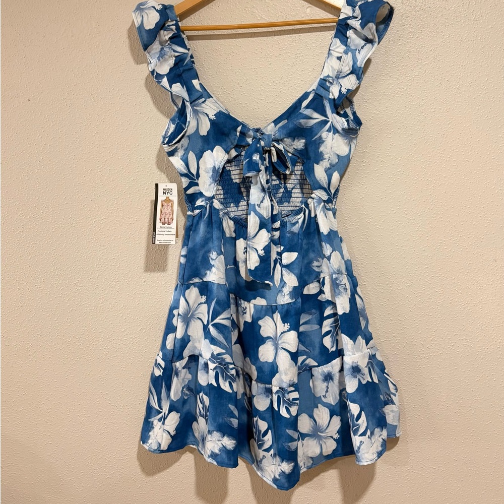 Blue Floral Mini Dress with Ruffle Straps - Picture 2 of 9